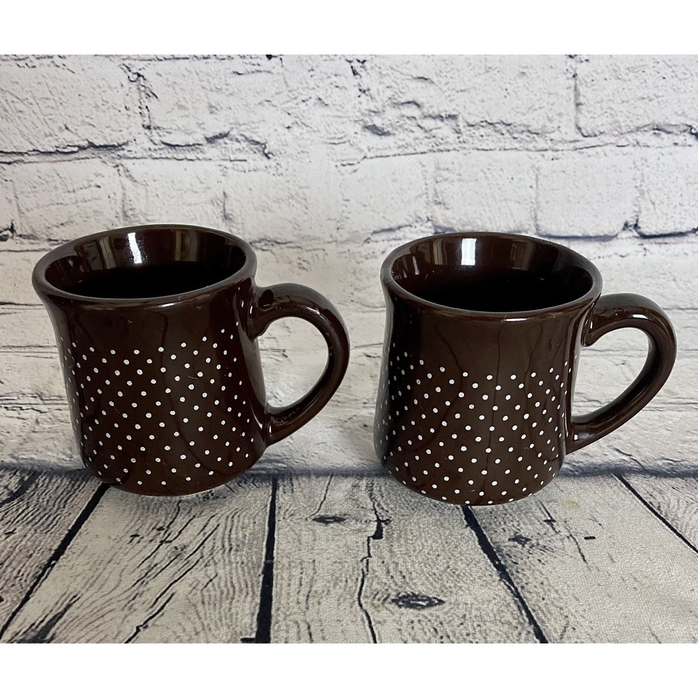 2 Vintage Sunny Korea Brown Polka Dot Coffee Cups Mugs